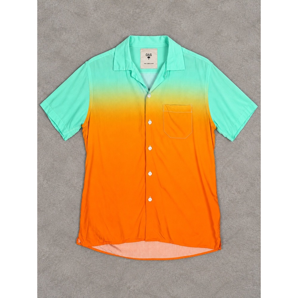 OAS The Cuba Shirt Mens Small Green Orange Ombre Viscose Resort Camp Collar